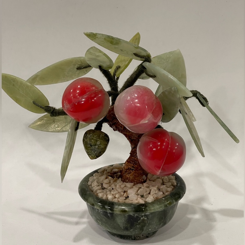 Vintage Asian Mini Bonsai Jade Leaves  & Natural Stone Peach Tree Hand Carved